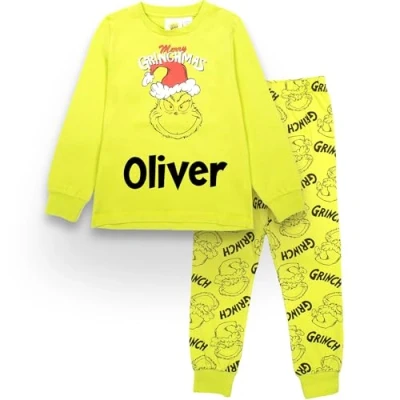 Image of The Grinch Personalised Christmas Pyjama for Kids Long Sleeve 100% Cotton Winter Age 8/9 Gift Green