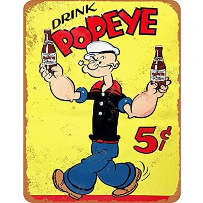 Image of BigBazza Vintage Advertising Wall Tin Plaque 20x15cm Pub Shed Bar Man Cave Home Bedroom Office Kitchen Gift Metal Sign Retro Drink Popeye inspired Yellow Rustic Style 5C USA Coffee Shop Restaurant