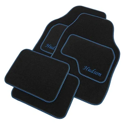 Image of JVL Personalised Universal Black Carpet Car Mat Set with Blue Embroidered Front Mats