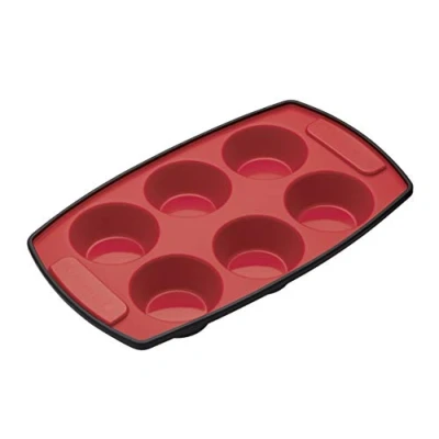 Image of MasterClass European Style 6 Hole Silicone Muffin Tray, Red/Black, LFGB Grade, 30 x 18 cm, Oven Safe
