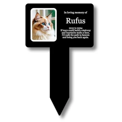 Image of Personalised Pet Cat Memorial Stake, Grave Marker or Outdoor Decoration/Ornament for the Garden Available in Silver/Gold/Copper/White (Various Designs) (Black Photo)