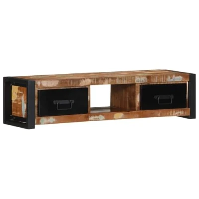 Image of vidaXL reclaimed wood tv cabinet/tv stand 100x30x25cm, black &amp; brown, industrial iron frame, 2 drawers + 1 compartment for living/bedroom