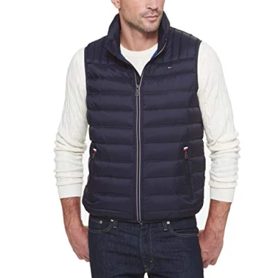 Image of Tommy Hilfiger Men&#039;s Heavyweight Quilted Sherpa Hooded Parka Down Vest, Old Black, L