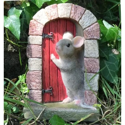 Image of Animal Crackers Heavy resin Mouse doorway with RED door fairy garden ornament decoration mice lover gift