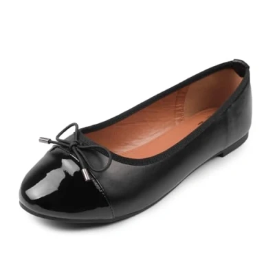 Image of Womens Ballet Flat Pumps Ladies Girls Dolly Dollie Slip On Ballerina Work Smart Office Formal Fashion Bow Round Toe Flats Shoes Black Faux Leather