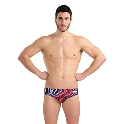 Image of Arena Mens Men&#039;s Swim Briefs Marbled, Navy red Multi, 38 EU