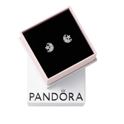 Image of Pandora Moments Moon sterling silver stud earrings with clear cubic zirconia
