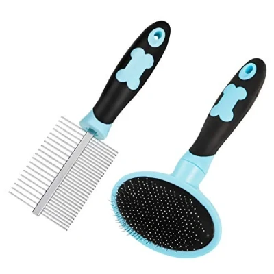 Image of tonyg p Dog Grooming Brush Comb Kit, Soft Slicker + Double Sided for Small Medium Large Pets with Long Hair (Blue)