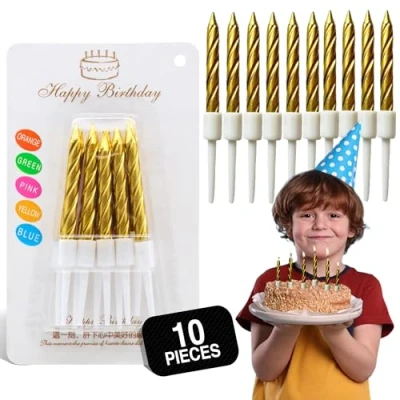 Image of Birthday Candles, Gold Candles for Cakes, Pack of 12 Party Spiral with White Candle Holders, Wedding, Birthday, Decorations, Anniversary and Meetups (Gold)