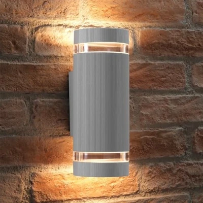 Image of Auraglow Indoor/Outdoor Double Up &amp; Down Wall Light Silver Warm White LED Bulbs Included
