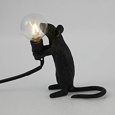 Image of ausuky Retro Rat Table Lamp Mouse Desk Light Bedside Resin Mice Warm Room Decor E12 Base (Black Standing)