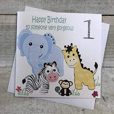 Image of white cotton cards Happy 1st Birthday to Someone Very Gorgeous Handmade Card Safari Toys, GS6