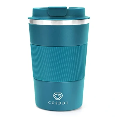 Image of CS COSDDI Travel Mugs, Insulated Coffee Cup with Leakproof Lid Reusable Cups Car Stainless Steel Mug for Hot and Cold Water Tea (Blue A, 380 ml)