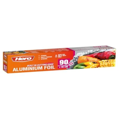 Image of Aluminium Kitchen Foil Roll Tin Roll, Hero Household Catering Foil, Non Stick, Freezer Safe, Heavy Duty foil. Easy Cutter Dispenser. (90m x 300mm)