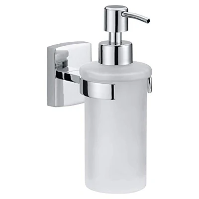 Image of tesa KLAAM Hand Soap Dispenser No Drill Wall Mounted Chrome Plated Holder for 200 ml Liquid with Satined Glass Bottle, Stainless Includes Removable Adhesive Solution
