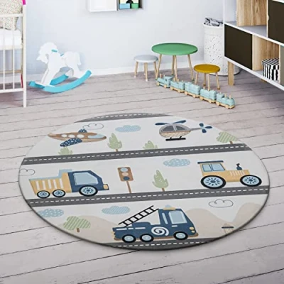 Image of Paco Home Kids Rug Round Room Girls Boys Star Moon Elephant Rainbow, Size:Ø 80 cm round, Colour:Beige