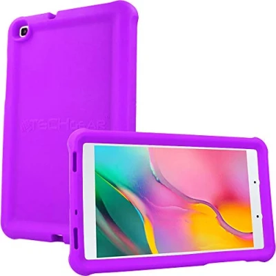 Image of TECHGEAR Bumper Case fits New Samsung Galaxy Tab A 8.0&quot; 2019 (SM T290 / SM T295) Rugged Shockproof Soft Silicone Protective Easy Grip Anti Slip with Screen Film, Kids Proof [PURPLE]