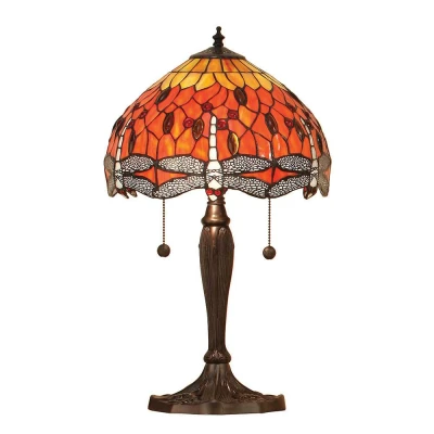 Image of Dragonfly 2 Light Small Table Lamp Dark Bronze, Red, Tiffany Style Glass, E27