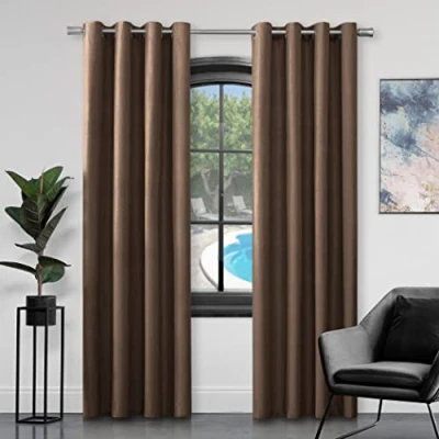 Image of GC GAVENO CAVAILIA Faux Silk Eyelet Curtains For Living Room, 100% Polyester Ring Top Fully Lined Drapes, Brown, 66x72 Inch