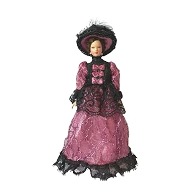 Image of Melody Jane Dolls House Victorian Lady in Purple Gown &amp; Hat Porcelain Woman 1:12 People