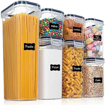 Image of BSTMOME Airtight Storage Container, Cereal &amp; Dry Food Containers Ideal Kitchen Bin for Cereal, Flour, Sugar, Nuts, Pasta Set of 7