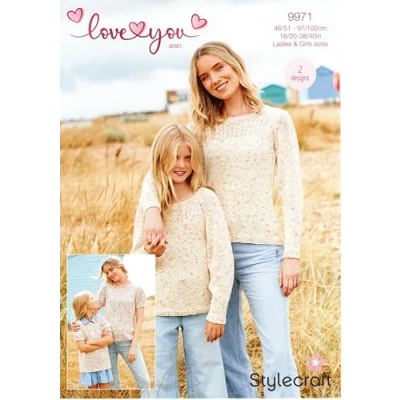 Image of Stylecraft Love You Aran Knitting Pattern 9971 Sweaters in Ladies &amp; Girls Sizes