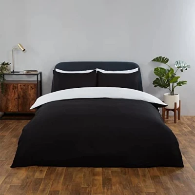 Image of Brentfords Plain Dye Reversible Duvet Quilt Cover with Pillowcase Bedding Set, Black White Single