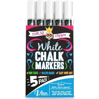 Image of Chalky Crown Chalk Pens Liquid Markers Dry Erase Pen for Chalkboards, Signs, Windows, Blackboard &amp; More 24 Chalkboard Labels Included 5 Pack, White, 6 mm