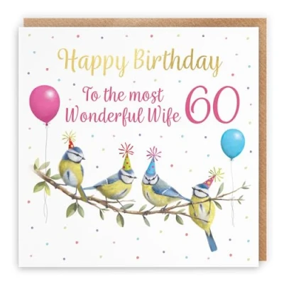 Image of Hunts England 60th Wife Blue Tits Birthday Card Luxury Gold Foil Milo&#039;s Gallery Age 60 Wildlife Funny For Year Old Animal Fan Sixty
