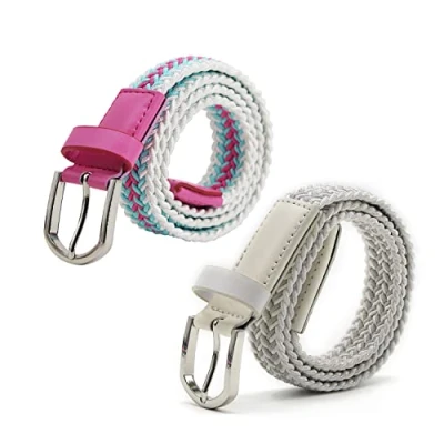Image of AnJuHoPa Children&#039;s Elastic Belt Stretch for Boys Girls Multicoloured Fabric Women 2.5 cm Width 80 Length with Metal Buckle, (White Blue Pink) &amp; Silver, 2PCS/Länge 80cm