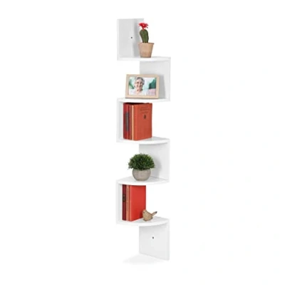 Image of Relaxdays Corner Shelf, 5 Compartments, Hanging Bookshelf, Space Saving Zigzag Design, MDF, 122 x 19.5 cm, White, Fibreboard