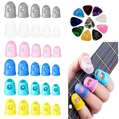 Image of Silicone Guitar Fingertip Protectors with Picks, 30 Pcs Anti Slip Protection Covers Caps, 20 Mixed Colorful 5 Sizes Finger Guards for Ukulele Musical Instrument