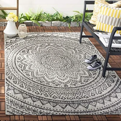 Image of SAFAVIEH Contemporary Rug for Indoor &amp; Outdoor Courtyard Collection, Short Pile, in Light Grey and Black color, 122 X 170 cm
