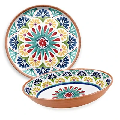 Image of Purely Home Rio Medallion Melamine/Plastic Outdoor/BBQ/Picnic Oval Bowl &amp; Round Serving Tray Set