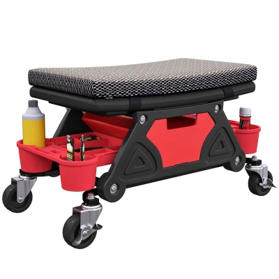 Image of HOMCOM Rolling Mechanic Stool, 135kg Capacity Workshop 360 Swivel Roller Padded Creeper Seat with Wheels, Slide Out Tool Trays and Drawer for Garage, Shop, Auto Repair, Black