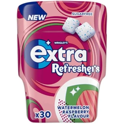 Image of Extra Refreshers Watermelon Raspberry Flavour Sugarfree Chewing Gum Bottle, 1 pack of 30 Pieces