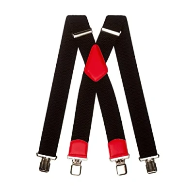 Image of Olata Men&#039;s Extra Wide X Shape Braces/Suspenders in Black with Coloured Leather 5cm. Red (Silver Clips)