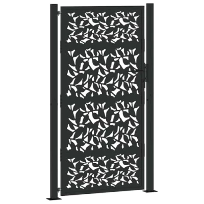 Image of vidaXL steel garden gate black 105x180 cm elegant leaf laser cut design for patio/fence/durable lockable outdoor boundary