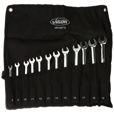 Image of Vigor V6752/12 Ratchet Ring Spanner Set (Double Joint, Fine Toothed Mechanism on The Side 12 Pieces in Practical Rolling Bag) Silver
