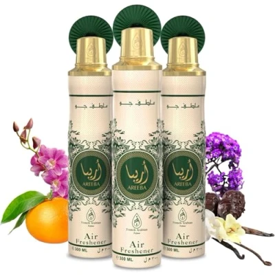 Image of Air Freshener Spray Pack of 3 x 300ml Odour Eliminator Aerosol Room Long Lasting Arabian Freshner for Home and Car Oud, Blossom &amp; Floral Fresh Scent (Areeba)