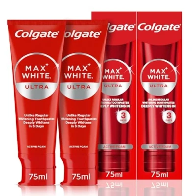 Image of Colgate Max White Ultra Active Foam Toothpaste, At Home Whitening Toothpaste Clinically Proven Whiter Teeth in 3 Days*, Multipack, 2 Pack, 75ml Tubes