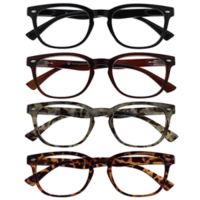 Image of OPULIZE ORA Reading Glasses for Men Women 4 Pack Designer Style Rounded Frame Scratch Resistant Lens Spring Hinges Black, Dark Brown, Brown &amp; Grey Tortoiseshell +3.00