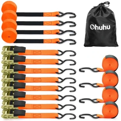 Image of Ohuhu Ratchet Tie Down Straps 8 Pack, 4.6 m Securing 680kg Break Strength, Cargo Tensioning Belts for Moving Appliances, Motorcycle, Orange