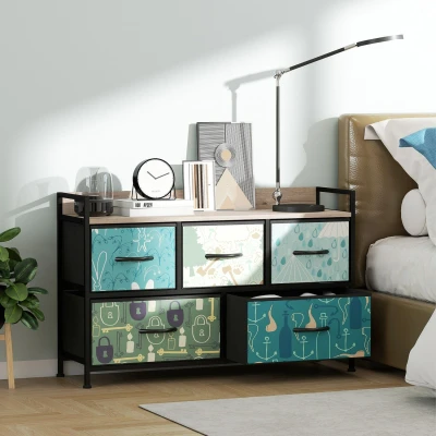 Image of HOMCOM Bedroom Chest of Drawers, Fabric Dresser with 5 Open Shelf and Steel Frame for Living Room, Hallway, Blue