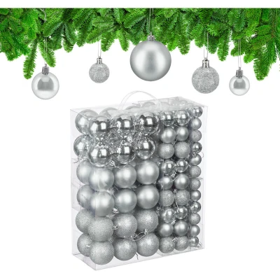 Image of Relaxdays Christmas Baubles, Set of 50, Tree Ornaments, Holiday Decorations, Plastic, Glittery, Matte &amp; Shiny, Silver
