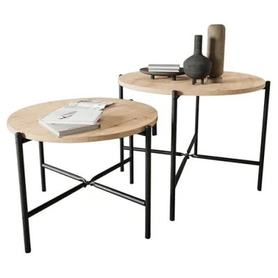 Image of URBNLIVING 2 Piece Round Wooden Nesting End Table Set with Metal Legs Ideal for Coffee and Side Tables, Modern Living Room Furniture, Space Saving Design (Pine)