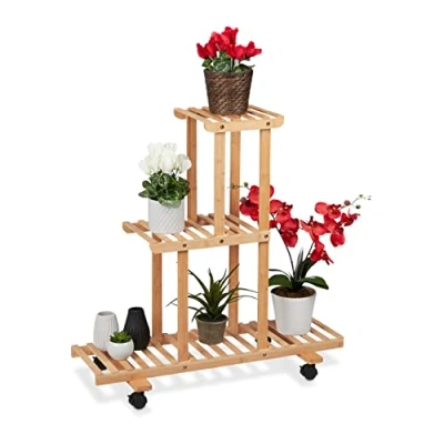 Image of Relaxdays Plant Stand, 3 Shelves, Wheels, Flower Rack, Indoor, 82 x 81 36 cm, Bamboo, Natural, H W D: