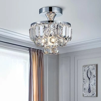 Image of Bestier Modern Chrome Crystal Semi Flushmount Chandelier Lighting LED Ceiling Light Fixture Lamp for Dining Room Bathroom Bedroom Livingroom