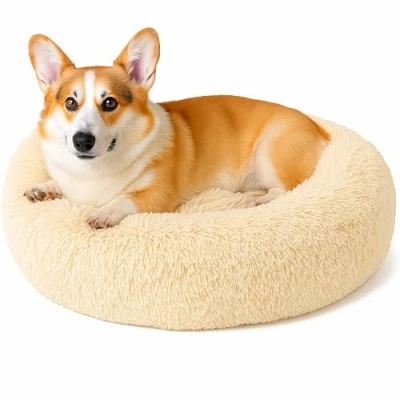 Image of SEOUGEE Calming Donut Cat Bed, Fluffy Plush Round Dog Cosy Soft Washable Cushion Warming Pet Beds with Non Slip Bottom, Indoor Sleeping Cuddler Nest for Cats Puppy Kitten (Grey 40cm)