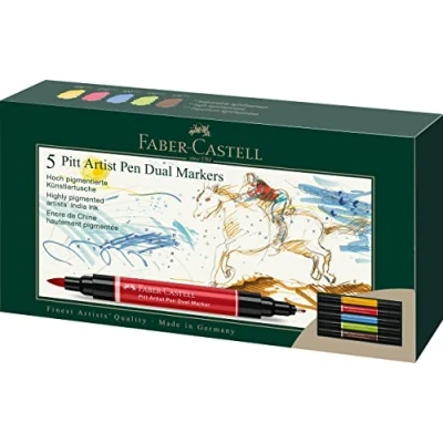 Image of Faber Castell Art &amp; Graphic Pitt Artist Pen Dual Marker India Ink, Multicoloured, Wallet Of 5, For Art, Craft, Drawing, Sketching, Home, School, University, Colouring
